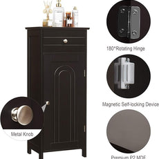 Tangkula Bathroom Floor Cabinet, Wooden Side Storage Cabinet, Freestanding Single Door Bathroom Cabinet with Large Drawer & 2 Adjustable Shelves for Living Room Kitchen (Brown)