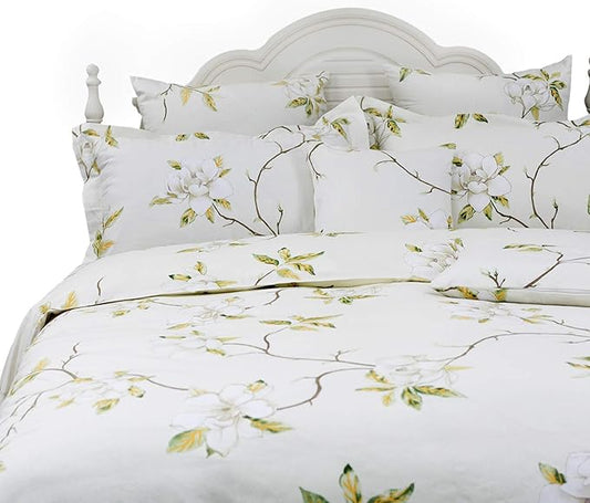 FADFAY White Floral Duvet Cover Set 100% Cotton Farmhouse Bedding with Hidden Zipper Closure 3 Pieces, 1duvet Cover & 2pillowcases,Queen Size
