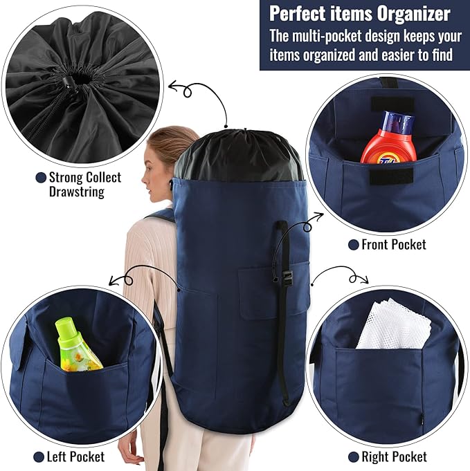 Laundry Bag Backpack, 125L Extra Large Travel Laundry Bags with Shoulder Straps, Adjustable & Extendable Design, Laundry Hamper Bag with 3 Pockets for Laundromat, College, Travel, Camping