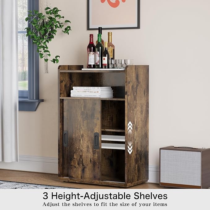 Adjustable Storage Cabinet with Sliding Doors, Multi-Functional Organizer with 2-Tier Shelves, Height-Adjustable Design, Compact Cabinet for Bedroom, Living Room, or Office (Retro Brown)