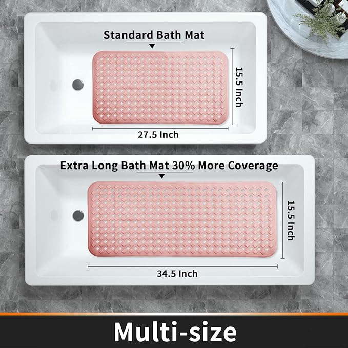 Yimobra Non Slip Bath Mat, Super Strong Suction Cups,34.5"x15.5"Long Tub Mat with Drain Holes, Machine Washable Fast Draining Shower Mats, Bathroom Essentials,Pink