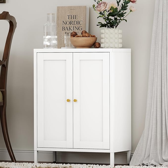 Bathroom Storage Cabinet, Metal Sideboard Cabinet, White Bathroom Floor Cabinets with 2 Doors and Adjustable Shelves for Kitchen, Living Room, Entryway,Office (White, 31.5" H)