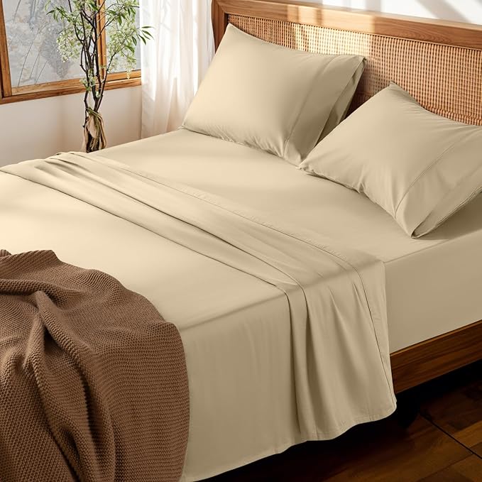 LBRO2M 100% Cotton Sheets Set Deep Pocket 19", 1000 Thread Count Queen Size 4 Piece Bed Sheet Sets Soft Comfortable Bedding All Season (Queen, Linen) LBRO2MBedding