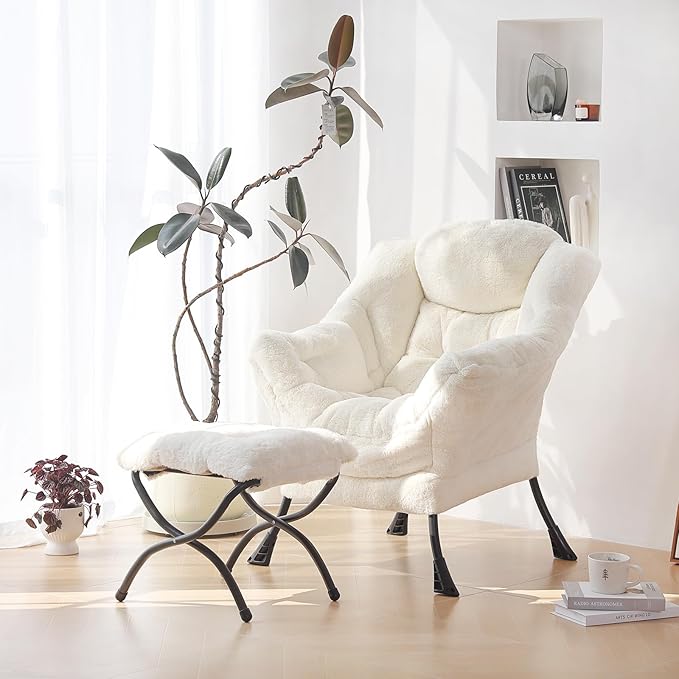 Plush Lazy Chair and Ottoman, Large Contemporary Accent Lounge Chair with Armrests and a Side Pocket, Modern Leisure Upholstered Sofa Reading Armchair with Footrest for Bedroom, Living Room