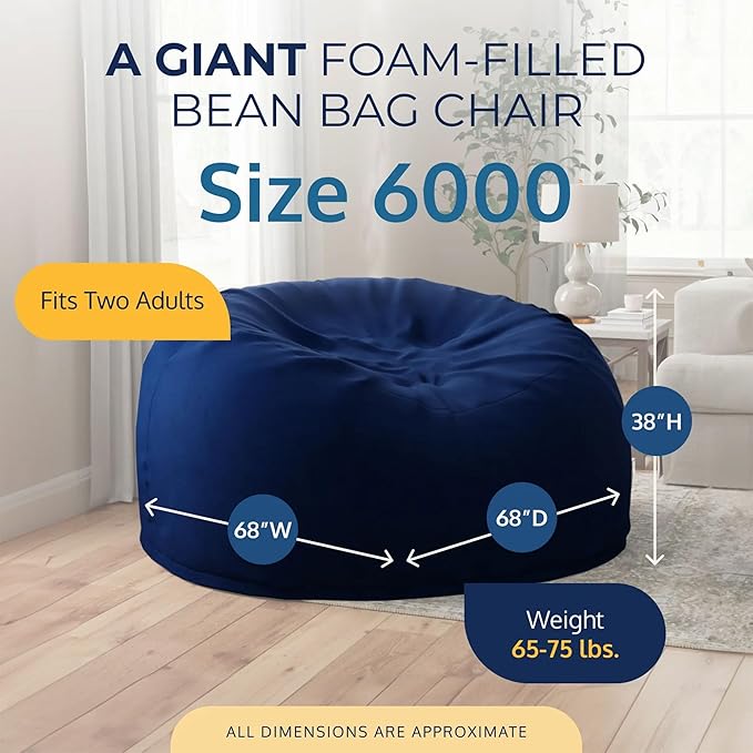 Ultimate Sack 6000 6-Foot Bean Bag Chair with Footstool, Navy Suede Cover – Oversized Foam Lounger, Floor Seat, Small Sofa, or Couch Bed for Living Area, Gaming Room, or Reading Lounge