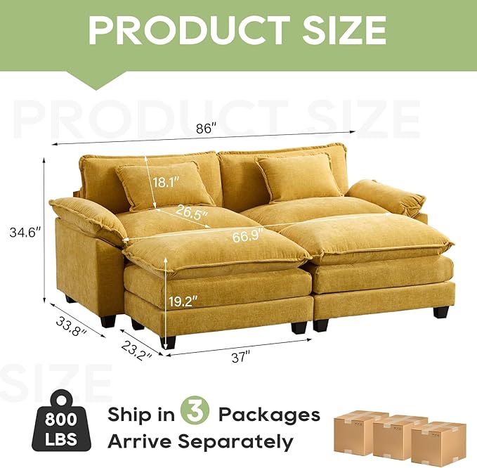 86" Modular Sectional Sofa, Comfy Cloud Couch Sectional Sofa with Ottoman, Chenille Sofa Sleeper Deep Seat Sofa with Throw Pillows for Living Room (Yellow)