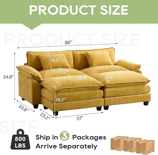 86" Modular Sectional Sofa, Comfy Cloud Couch Sectional Sofa with Ottoman, Chenille Sofa Sleeper Deep Seat Sofa with Throw Pillows for Living Room (Yellow)