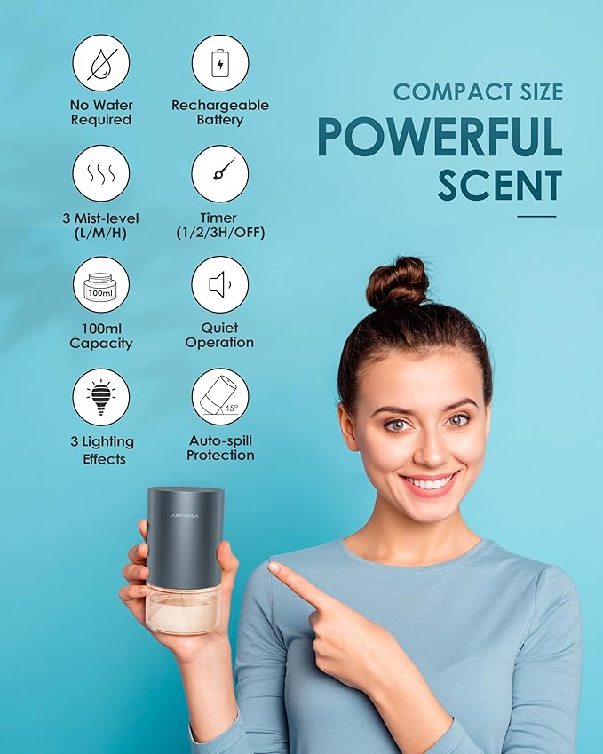 Airversa Essential Oil Diffuser Waterless Aromatherapy Diffusers for Home Large Room, Bedroom, Car, Office, Desk, Battery Operated, Small Diffuser for Pure Scent, 100mL Capacity, AN9 (Gray)