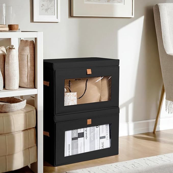 Collapsible Storage Bins - Large Stackable Organizer Bins, Decorative Boxes with Handles & Window, Fabric Containers for Living Room, Closet, Dorm, 4 Pack, Black