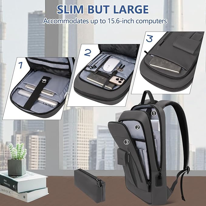 Business Backpack for Men Slim Lightweight Laptop Backpack Water Resistant Small Office Backpack for Commute Travel Daily Office Work with Small Bag (Grey)