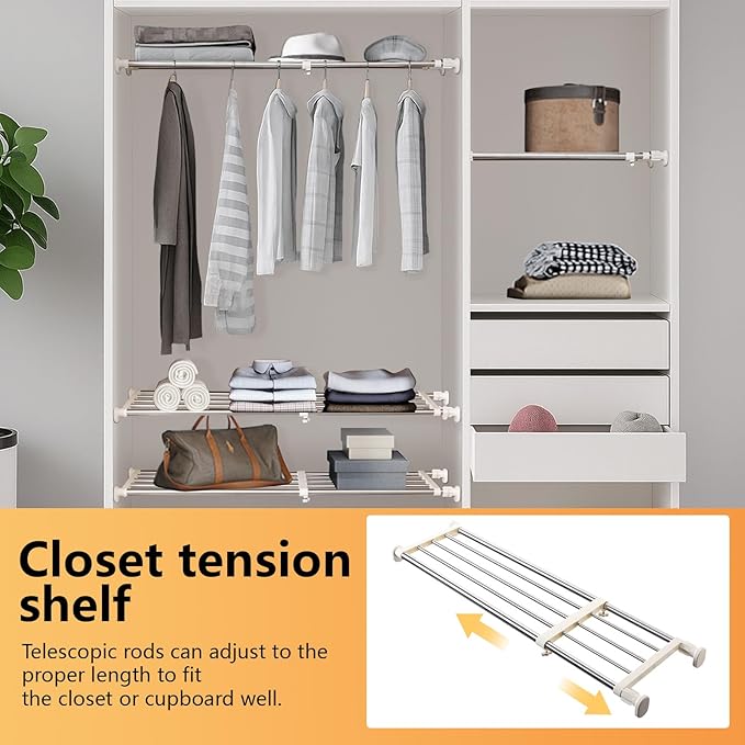 BAOYOUNI Expandable Closet Tension Shelf Adjustable Clothes Storage Rack Hanger Rod Organiser Ivory, 39.76-60.04 Inch