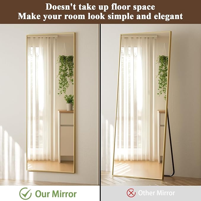 VooBang 14" x 48" Adjustable Height Over The Door Mirror - Rectangular Full Length Hanging Door Mirror with Shatterproof Tempered Glass Gold Metal Frame for Dormitory