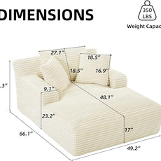 Oversized Chaise Lounge Chair Indoor Corduroy Sofa Bed with Throw Pillows Recliner Chair Comfy Large Deep Seat Sofa Couch for Living Room, Bedroom, Apartment (White)
