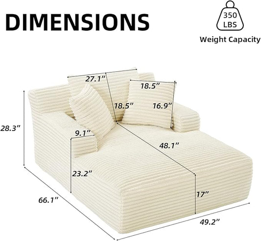 Oversized Chaise Lounge Chair Indoor Corduroy Sofa Bed with Throw Pillows Recliner Chair Comfy Large Deep Seat Sofa Couch for Living Room, Bedroom, Apartment (White)