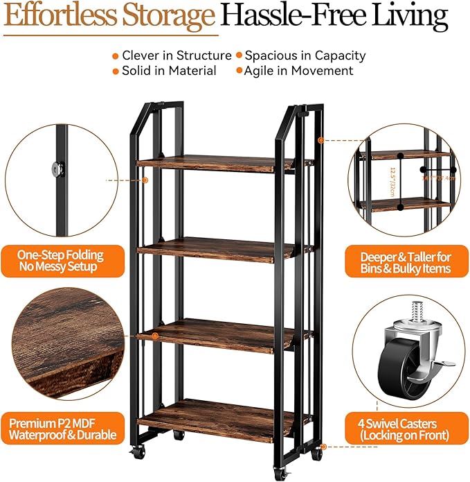 No Assembly Double-Sided Folding Bookshelf for Living Room, 4 Tier Collapsible Book Shelf for Home Office, Portable Bookcase Storage Organizer