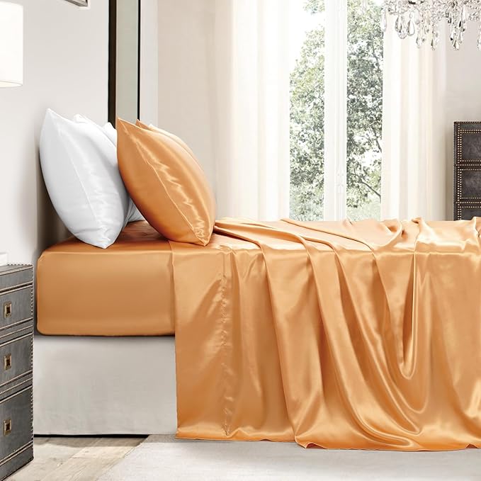 Satin Sheets King Size - 4 Pieces Luxury Silky Soft Bed Sheets, Wrinkle-Free Gold Satin Silk Sheet Set with 1 Deep Pocket Fitted Sheet, 1 Flat Sheet, 2 Pillow Cases