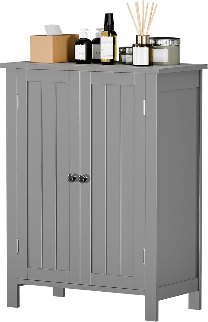 SUPER DEAL Modern Bathroom Floor Storage Cabinet with Adjustable Shelf and Double Door Rust Proof, Living Room Modern Home Furniture Storage Organizer Cabinet, Grey