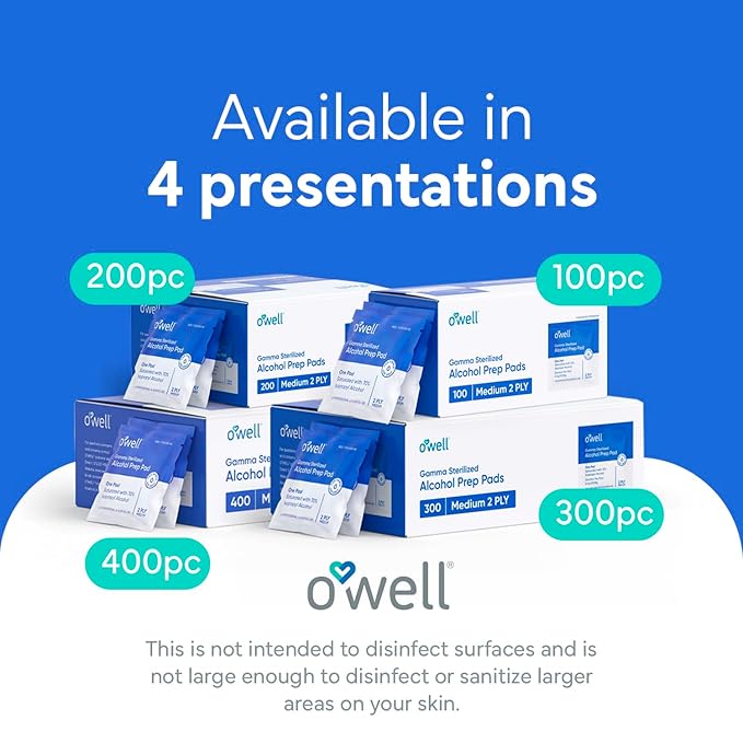 OWELL Prep Pads - 200 Individually Wrapped Sterile Alcohol Wipes, Medium 2-Ply Antiseptic Wipes for Disinfecting Skin, First Aid Kit Alcohol Swabs (2 Packs of 100 Count)