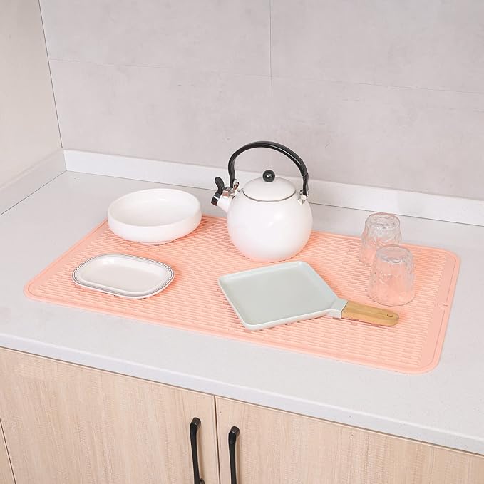 Silicone Dish Drying Mat for Multiple Usage,Easy clean,Eco-friendly,Heat-resistant Silicone Mat for Kitchen Counter or Sink,Refrigerator or Drawer Liner Pink 4XL 32 inches x 18 inches