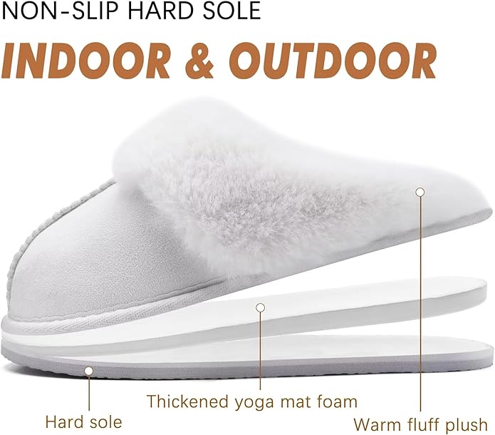 KuaiLu Womens Fluff Dual Memory Foam Slippers Ladies Cozy Arch Support Warm Scuff Slippers Slip on Comfy Winter House Shoes with Non-Slip Indoor Outdoor Hard Sole