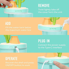 Cactus Mini Humidifier, Cute Desktop Humidifiers for Bedroom, 320ml Portable Small Cool Mist Humidification, USB Powered, Auto Shut-Off, Perfect for Home, Office & Indoor Plants