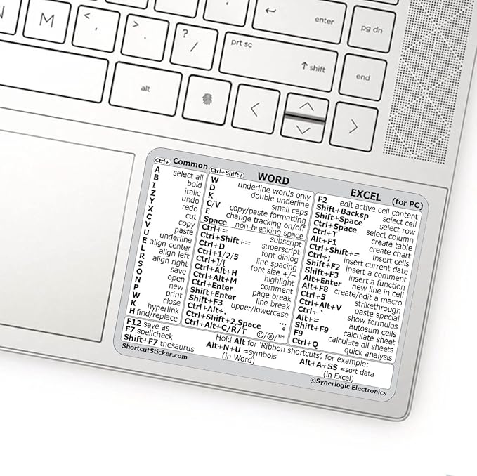 SYNERLOGIC Microsoft Word/Excel (for Windows) Reference Guide Keyboard Shortcut Sticker, Laminated, No-Residue Vinyl (White/Small, Pack of 5)