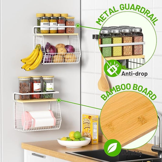Magnetic Shelf for Fridge with Wood Lid, Fruit Potato and Onion Storage Bins, Pantry Organizers & Storage, Large Container Magnetic Spice Rack for Refrigerator, Kitchen Counter (White, 2)