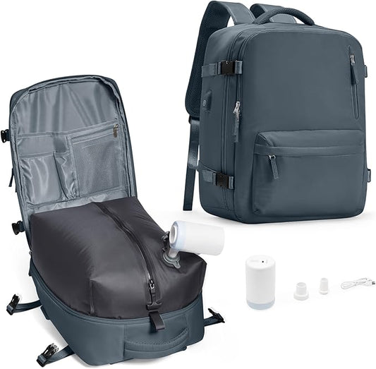 Vacuum Compression Backpack, Travel Vacuum Backpack with Electric Vacpack Pump, Flight Approved Carry On Personal Item Suitcase Luggage for Men Women, Dark Blue, Large