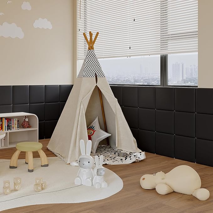 Yutianli 3D Anti-Collision Wall Padding for Kids Peel and Stick Headboard Wall Panels Pack of 4 Sized 11.8"x 11.8" Black Self-Adhesive Panels for Playroom Bedroom Upholstered Wall