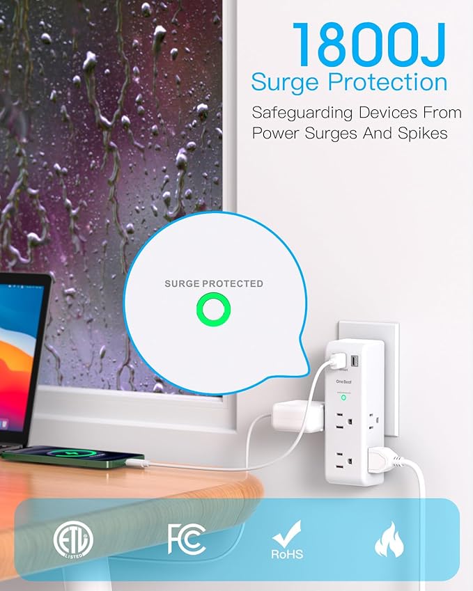 PD 30W Surge Protector Outlet Extender, Rotating Plug, One Beat 6 AC Multi Plug Outlet with 3 USB Ports (1 USB C), 1800J, 3-Sided Swivel Power Strip with Spaced Outlet Splitter for Home Office Dorm