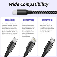 100W USB C Multi Charging Cable with E-Mark Chip, 3 in 1 USB C Fast Charging Cable, Universal Multiple Charger Cord with Type-C, Micro USB, IP Port for iPhone16/15/14/Cell Phones and More (2Pack 5FT)