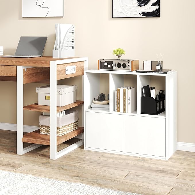 GOFLAME 3 Cube Bookcase with Doors, 3-Tier Cubby Book Shelf with 3 Open Compartments, Cabinet, Wooden Small Display Shelf, Freestanding Cubic Storage Organizer for Living Room, Study (1,White)