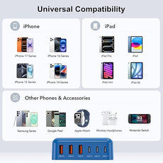 USB C Fast Charger, 100W GaN 6 Port Type C Charging Station Hub Block Cube, USB C Wall Charger Power Strip Adapter Plug for iPad iPhone 17 16 15 14 13 12 Pro Max Pixel Note Galaxy, 5ft Cord