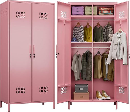 Aobabo Metal Wardrobe Cabinets with Lock, 2 Door Metal Closet with 4 Adjustable Shelves and 2 Hannging Rod, Lockable Locker Cabinet, Storage Locker for Home, Office,Pink, Assembly Required