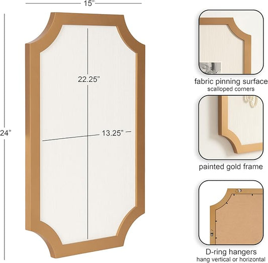 Kate and Laurel Holbrook Glam Framed Scallop Fabric Pinboard, 15 x 24, Gold, Decorative Modern Scalloped Bulletin Board for Use as Vision Board or Wall Organization