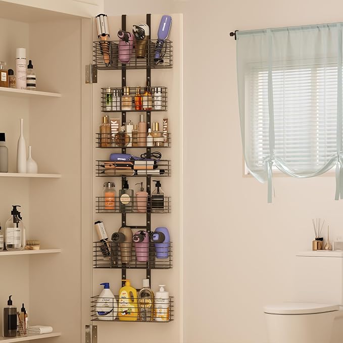 7-Tier Over The Door Organizer, Shower Caddy Hanging &Wall Mounted Hair Tool Organizer/Hair Dryer Holder Adjustable, Behind Door Storage for Bathroom Bedroom Closet Cabinet Pantry Kitchen