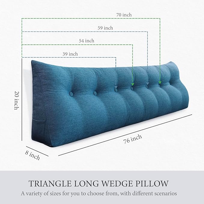 14 lbs Thickened Headboard Pillow Wedge Pillow Headboard Reading Pillow Bed for Backrest Reading Triangular Pillow with Side Pocket for Sitting in Bed Cotton Linen Blue King