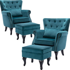Accent Chairs with Ottoman Set of 2 Velvet Wingback Club Chair Upholstered Reading Chair Lounge Chairs with Wood Legs/Button Tufted Back for Bedroom Living Room, Teal Blue