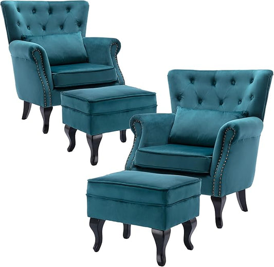 Accent Chairs with Ottoman Set of 2 Velvet Wingback Club Chair Upholstered Reading Chair Lounge Chairs with Wood Legs/Button Tufted Back for Bedroom Living Room, Teal Blue
