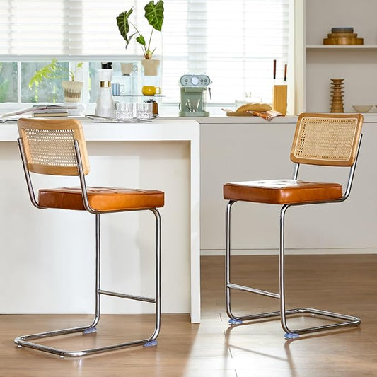 Natural Rattan Bar Stools Set of 2 with Solid Wood Back, 24 Inch Mid Century Modern Counter Height Stools, Brown Faux Leather Upholstery Boho Stool for Kitchen Counter with Chrome Metal Legs