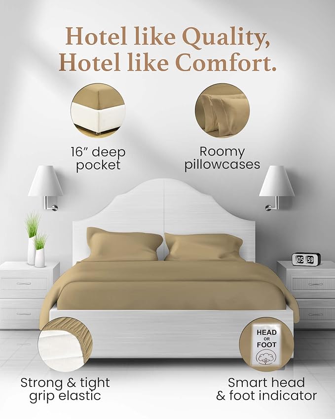 Good Sleep Bedding 100% Egyptian Cotton Queen Sheet Set - 4 Pc, Sheet Set Queen Size, Long Staple Cotton Bed Sheets Queen Set, Luxury Sateen Weave, Queen Deep Pocket Sheet Set 16" - Taupe GoodSleepBedding