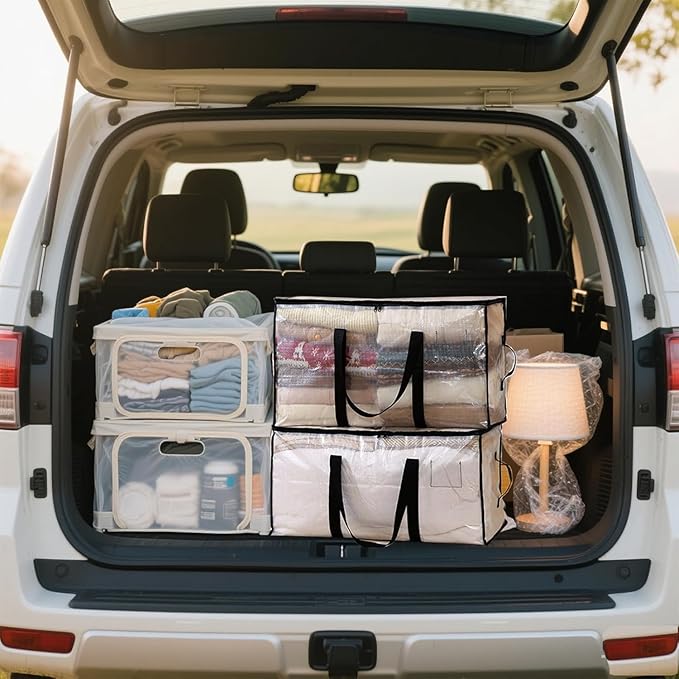 8 Pack-Extra Large Heavy Duty Moving Bags - Waterproof Storage Totes with Handles & Zippers, Foldable for College Dorm, Storage (Clear)