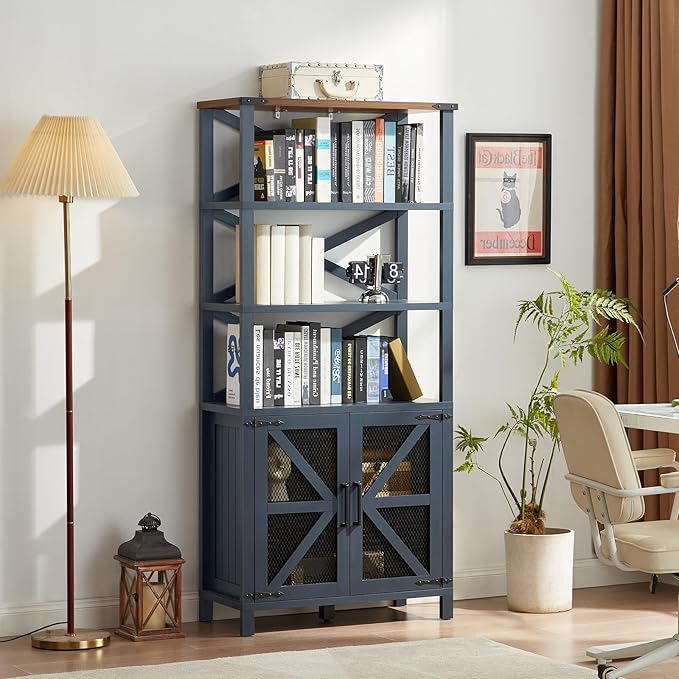 5 Tier Bookshelf 70" Tall Bookcase with Barn Doors,Large Farmhouse Display Book Shelf with Adjustable Shelves and Storage Cabinet，Library Wood Bookshelves for Living Room,Kitchen,Blue(3PCS)