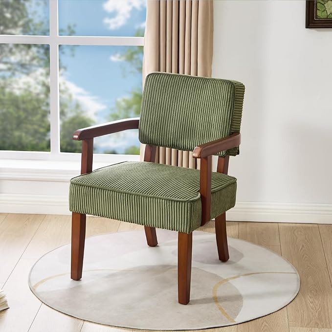 Corduroy Accent Chair, Mid Century Modern Armchairs with Solid Wood Frame, Oversized Reading Leisure Chair for Living Room, Bedroom (Corduroy Green, One Chair)