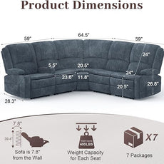 Manual Reclining Sectional Sofa Set, 5 Seats Soft Fabric Recliner Corner Sectional Couch, Family-Sized L-Shaped Recliner Couch with USB Charging, Thickened Padding, Sturdy Frame, Blue