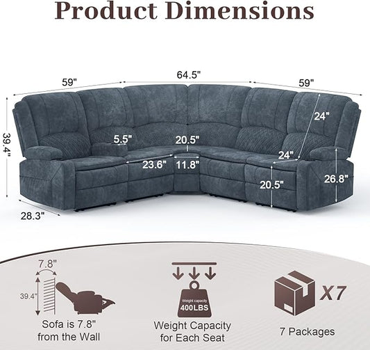 Manual Reclining Sectional Sofa Set, 5 Seats Soft Fabric Recliner Corner Sectional Couch, Family-Sized L-Shaped Recliner Couch with USB Charging, Thickened Padding, Sturdy Frame, Blue