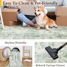 5x7 Washable Area Rug Sage Green Abstract Living Room Bedroom Carpet Neutral Modern Non-Slip Soft Low Pile Lightweight Vacuumable Throw Rug for Dining Room Entryway