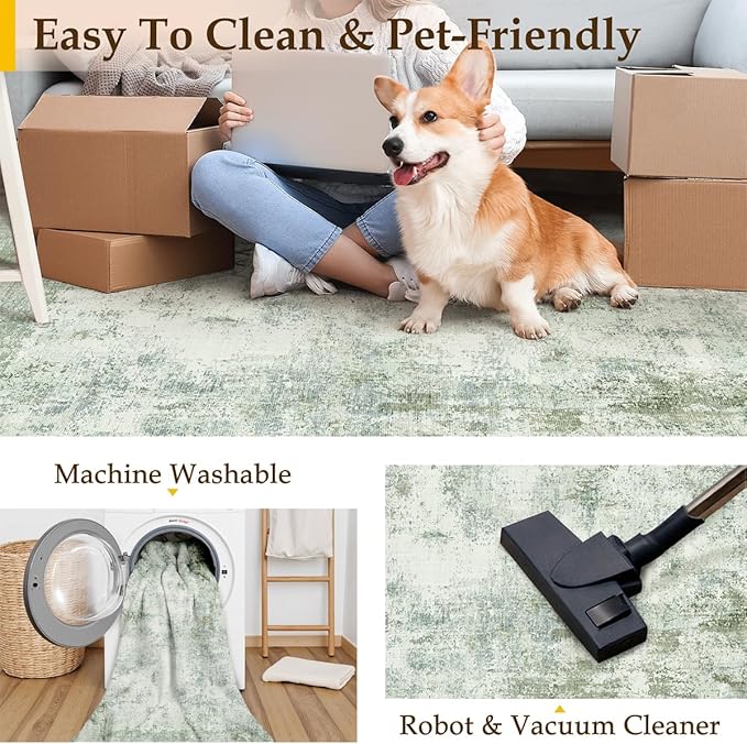 6x9 Washable Area Rug Sage Green Abstract Living Room Bedroom Carpet Neutral Modern Non-Slip Soft Low Pile Lightweight Vacuumable Throw Rug for Dining Room Kitchen