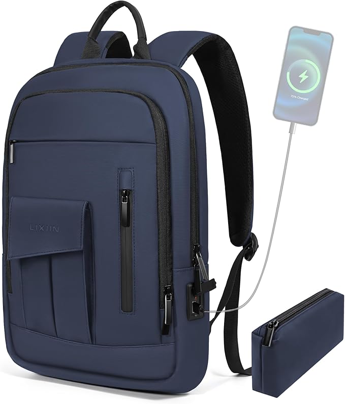 Business Backpack for Men Slim Lightweight Laptop Backpack for 17.3 Inch Computer Water Resistant Small Office Backpack for Commute Travel Daily Office Work with Small Bag (Blue)