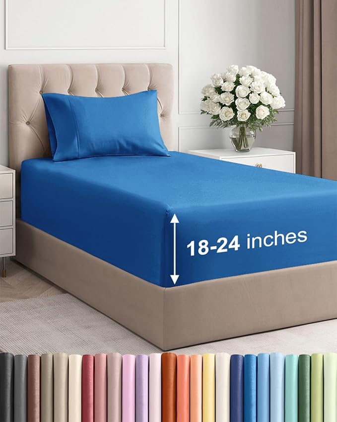 Extra Deep Pocket Twin Sheets - 3 Piece Breathable & Cooling Bed Sheets - Hotel Luxury Bed Sheet Set - Soft, Wrinkle Free & Comfy - Easily Fits Extra Deep Mattresses - Deep Pocket Royal Blue Sheets